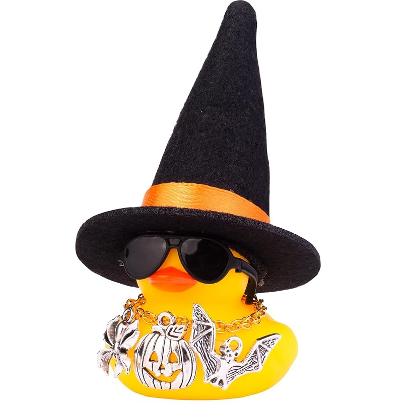 Patinho de Borracha para Painel do Carro MuMyer com Chapéu de Bruxa, Óculos e Acessórios de Halloween H5-black&orange Ribbon