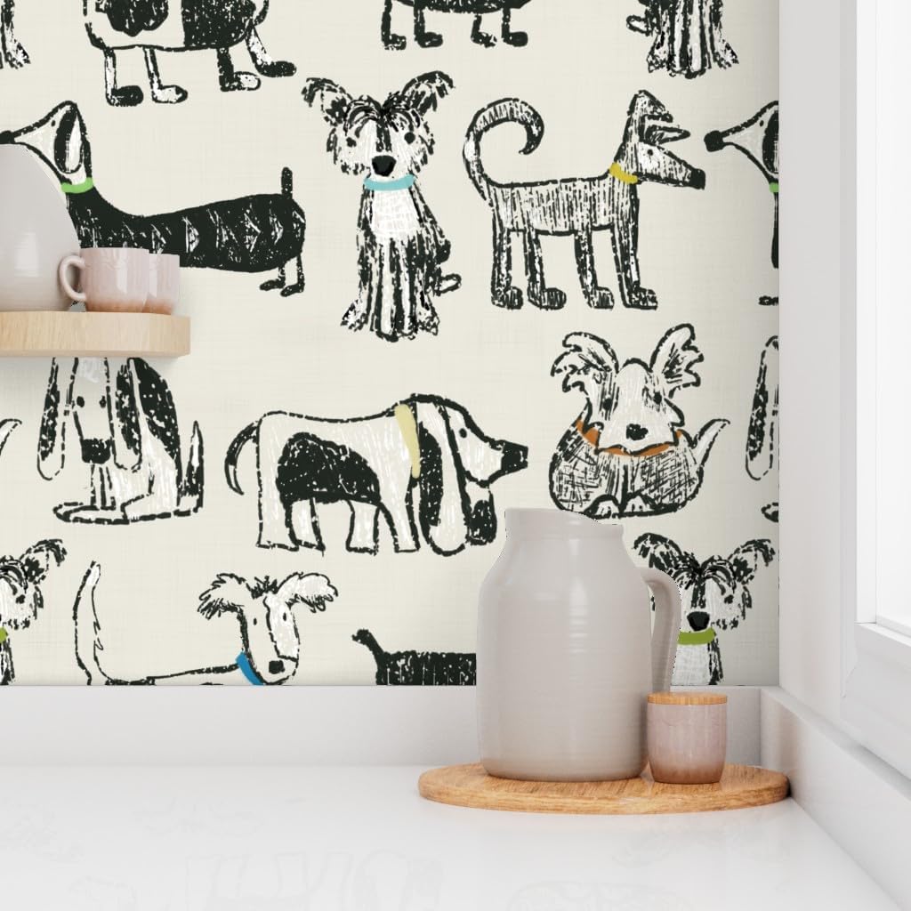Peel & Stick Wallpaper 6ft x 2ft - Doggone Gender Neutral Black Dogs Pet Animal Puppies Sketch Custom Removable Wallpaper by Spoonflower