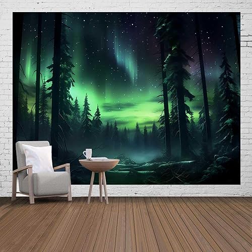 GTOKIE0536 - Tapiz de bosque de auroras boreales de 93 x 71 pulgadas, diseño de pinos brumosos, decoración estética de meditación para dormitorio,
