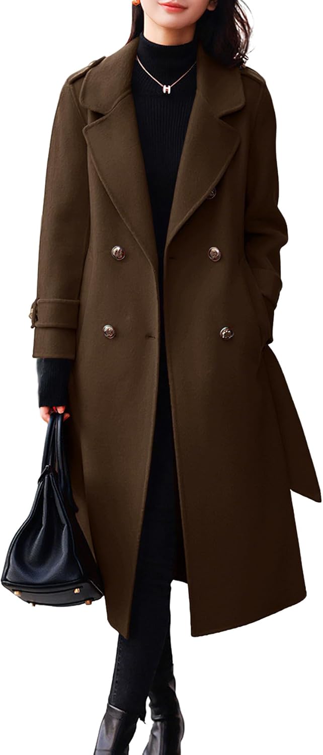 chouyatou Women's Winter Belted Wool Coat Double Breasted Midi Long Casual Trench Dressy Peacoat