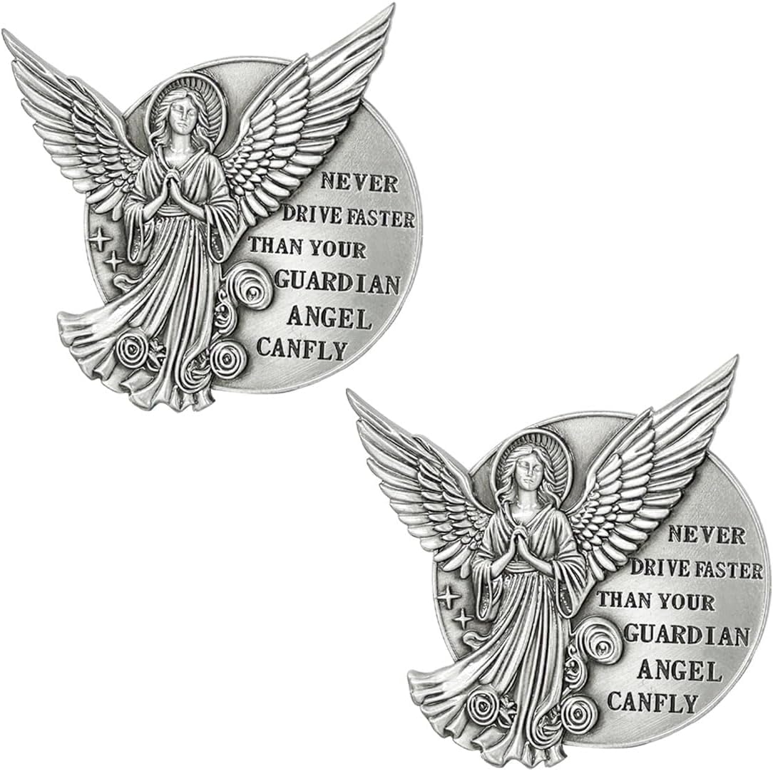 Car Guardian Angel Visor Clip, Never Drive Faster Sun Visor Clip, New Driver Medal Clip for Safety, Religious Present for Driver Friend, Car Accessories (2PCS)