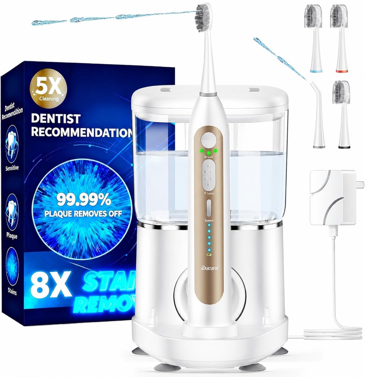 Cepillo de dientes eléctrico con hilo dental de agua, cepillo de dientes sónico 3 en 1 y irrigador dental de agua dental para limpieza de dientes adultos con 4 cabezales, sensible, cuidado de las