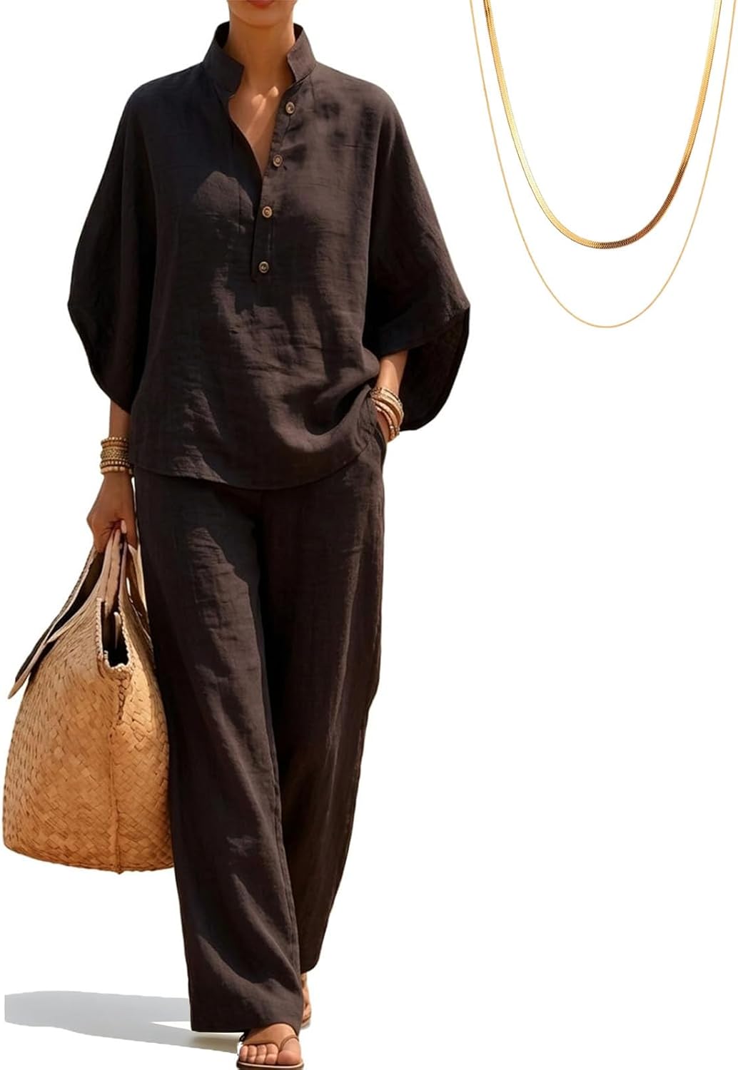 Women's Batwing Sleeve Linen Cotton Two Piece Set - Casual Shirt and Wide Leg Pants Outfit Summer