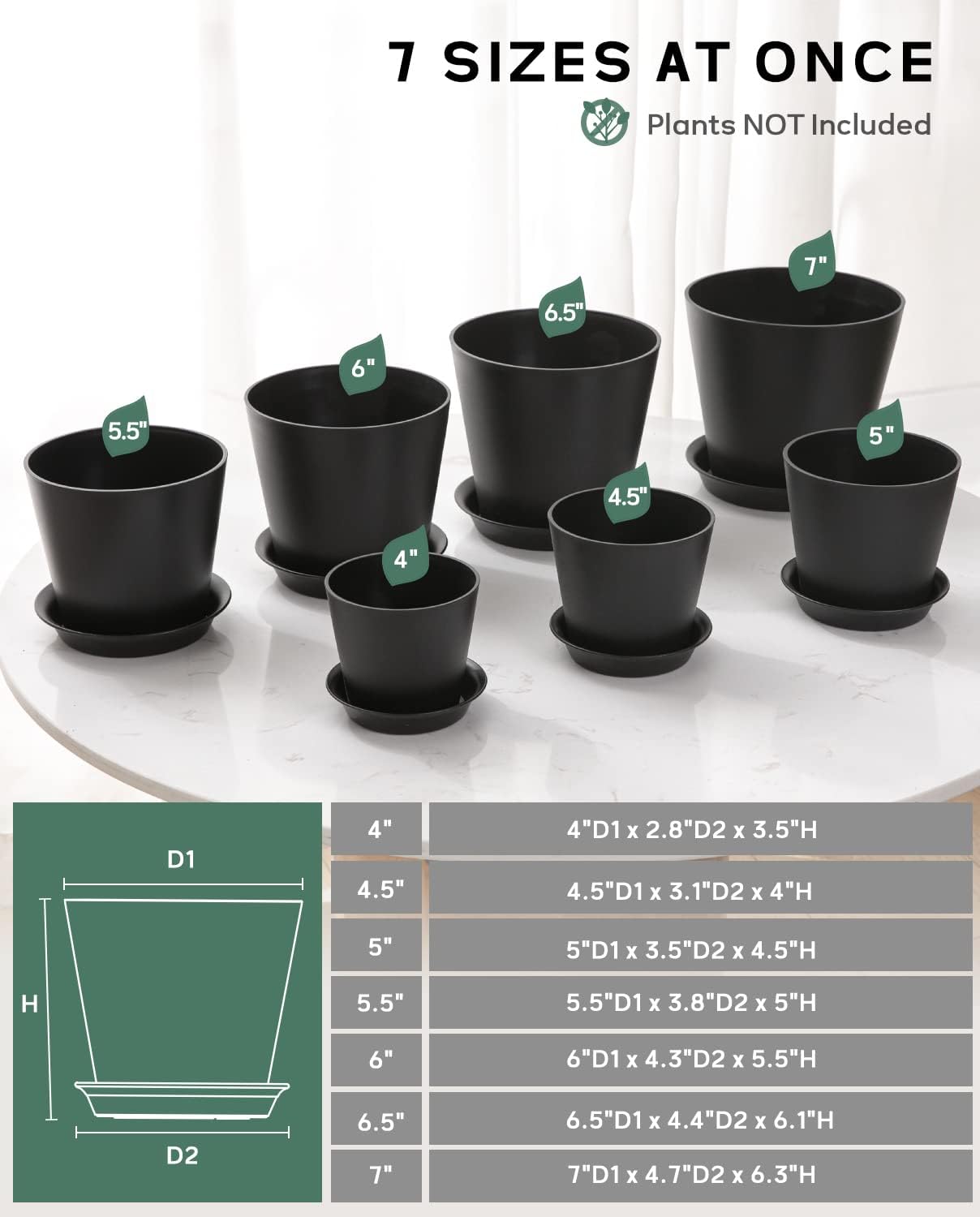 LaDoVita 7 Pack Plastic Plant Pots Indoor, 7/6.5/6/5.5/5/4.5/4 Inch Modern Planters for Plants, Flower Pots with Drainage Holes and Trays, Black : Patio, Lawn & Garden