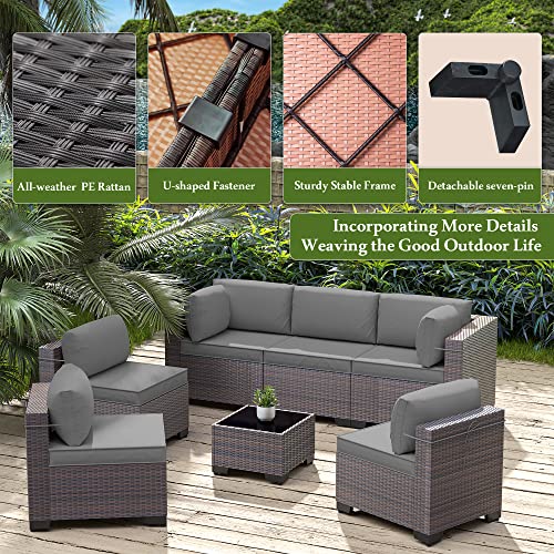 Image of 7 Pieces Outdoor Patio Furniture Set,Outdoor Sectional Furniture All Weather PE Rattan Wicker Patio Conversation Set with Coffee Table and 6 Thickened Cushions,Grey