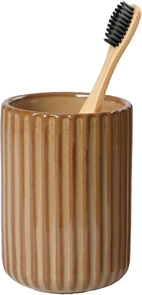 Ceramic Toothbrush Cup for Bathroom, Ceramic Toothbrush Holder, Toothpaste Organizer for Bathroom Countertop, Bathroom Storage Organizer, Kiln Transformation Cup (Brown, Standard Size) — 사진 1