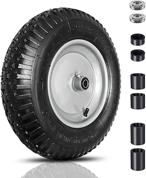 4.80/4.00-8 Pneumatic Tire and Wheel, 14.5" Wheelbarrow Tires 5/8" Bearings or Extra 3/4" Bearings Inflatable Replacement for Wheel Barrow, Hand Truck, Garden Carts, Includes Adapter Kit