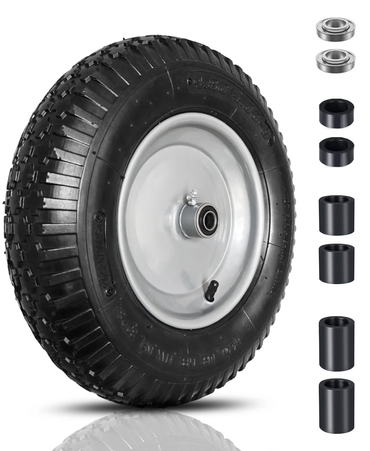 4.80/4.00-8 Pneumatic Tire and Wheel, 14.5" Wheelbarrow Tires 5/8" Bearings or Extra 3/4" Bearings Inflatable Replacement for Wheel Barrow, Hand Truck, Garden Carts, Includes Adapter Kit