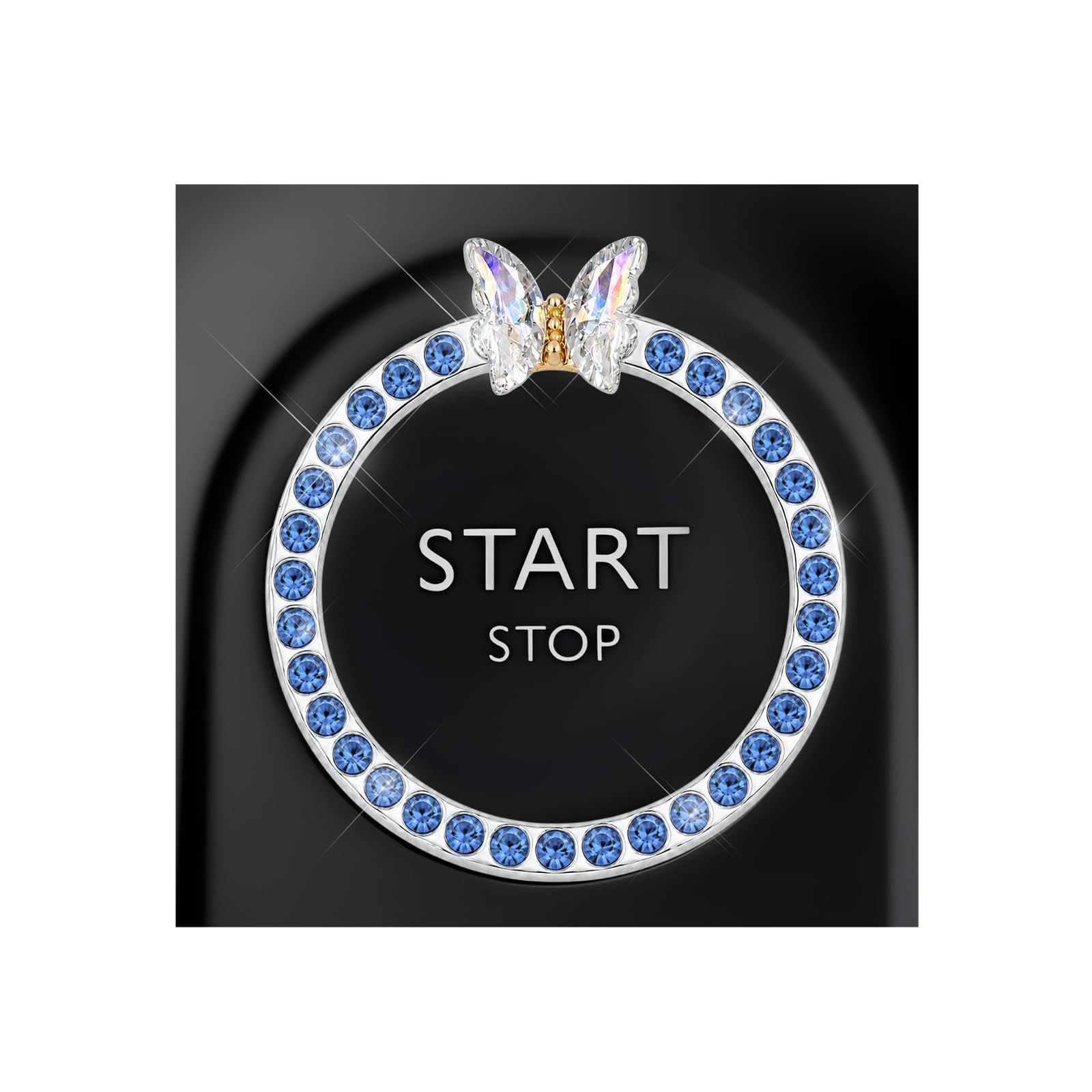 DXNQ Bling Ring Emblem, Sparkling Butterfly Car Buttons and Knobs Ring, Girly Butterfly Diamond Car Engine Start Button Cover, Key Ignition Knob Rings Decoration for Women (Blue, Single Row)