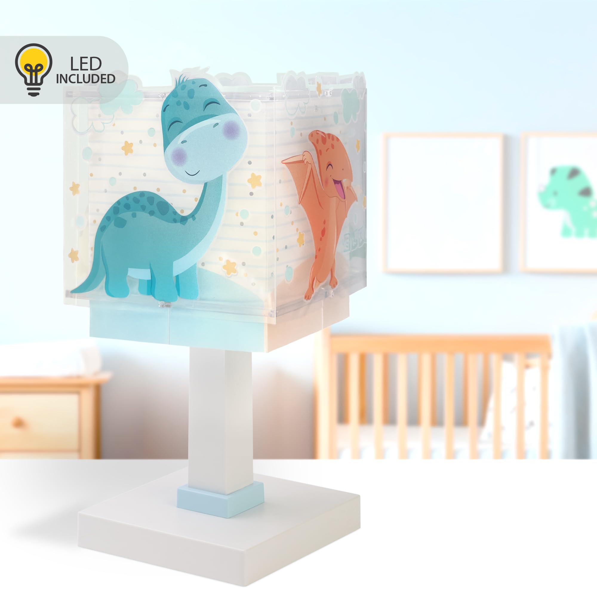 Dalber Lámpara Infantil de Mesilla Baby Dinos Dinosaurios 63451 G4 | Lámpara infantil de mesa o mesita; G4 4W LED - Bombilla incluida; Luz Quitamiedos