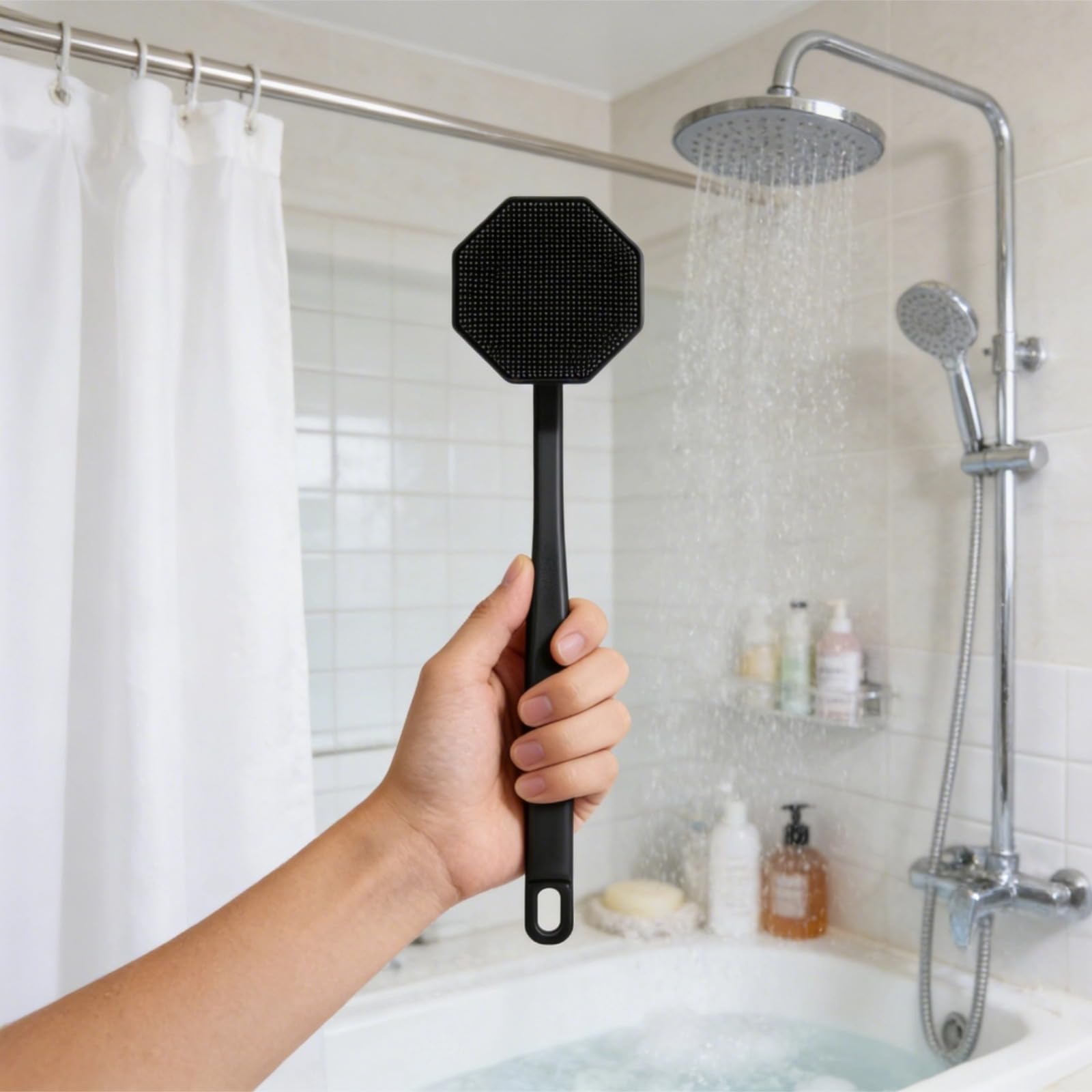 Silikon Rückenbürste mit langem Griff für die Dusche, 17,3 in / 44 cm Peeling Körperbürste, achteckiger Kopf mit sanften Borsten, Rückenwascher für Damen und Herren