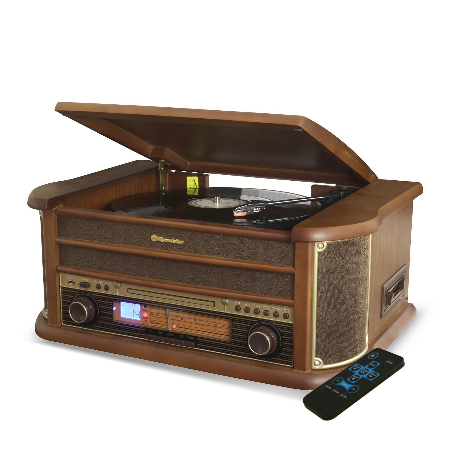 Platine Vinyle Roadstar HIF-1993BT 33-45-78 TRS, 2 Enceintes 32W PMPO, CD, Cassette, USB, Bluetooth, FM AM Radio, Finition Bois