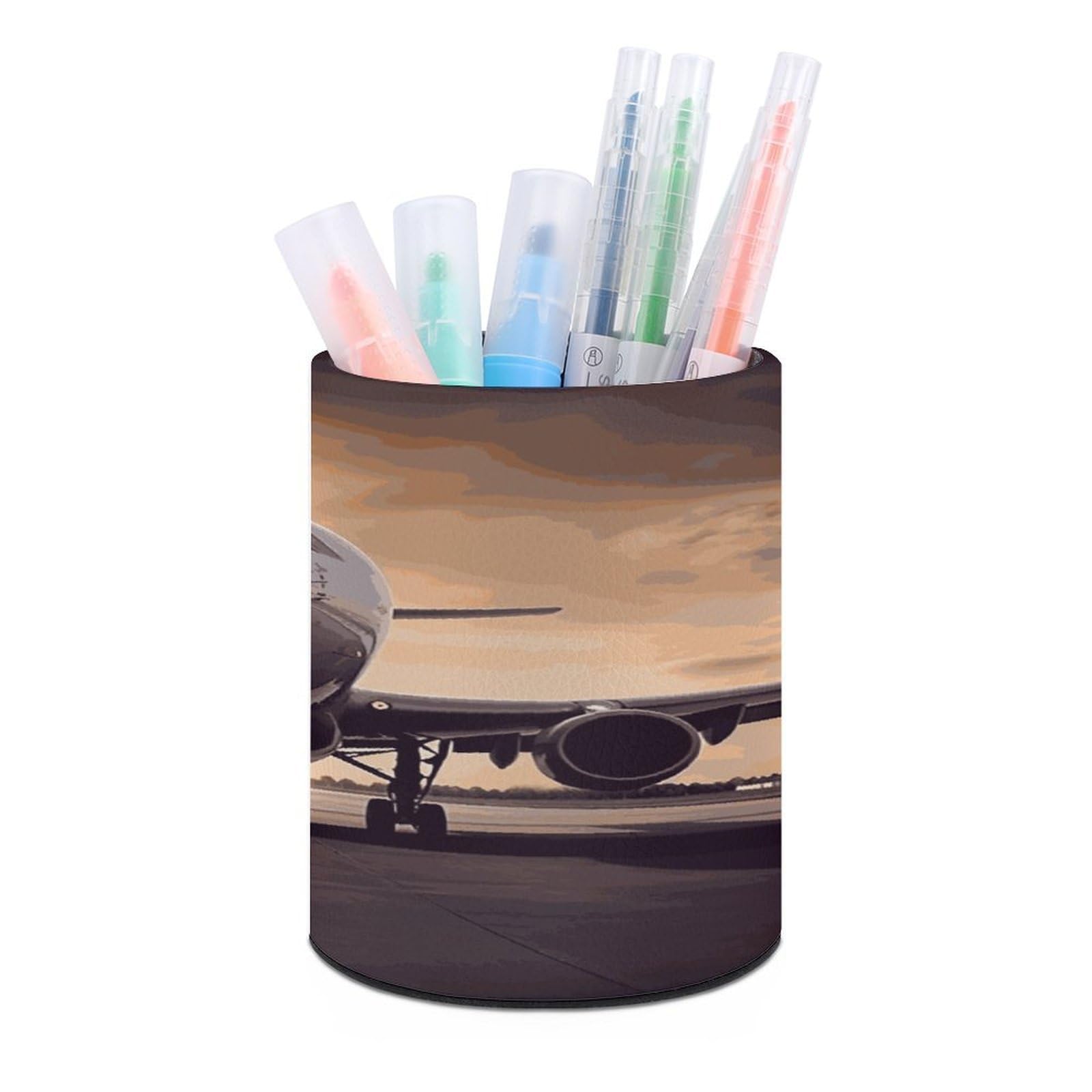 FekiLoot Airplane Pen Holder Cup Fashion PU Leather Pencil Cup Minimalist Pen Organizer Round Pencil Holder Stand Work Locker Accessories for Decoration Desk Office Home