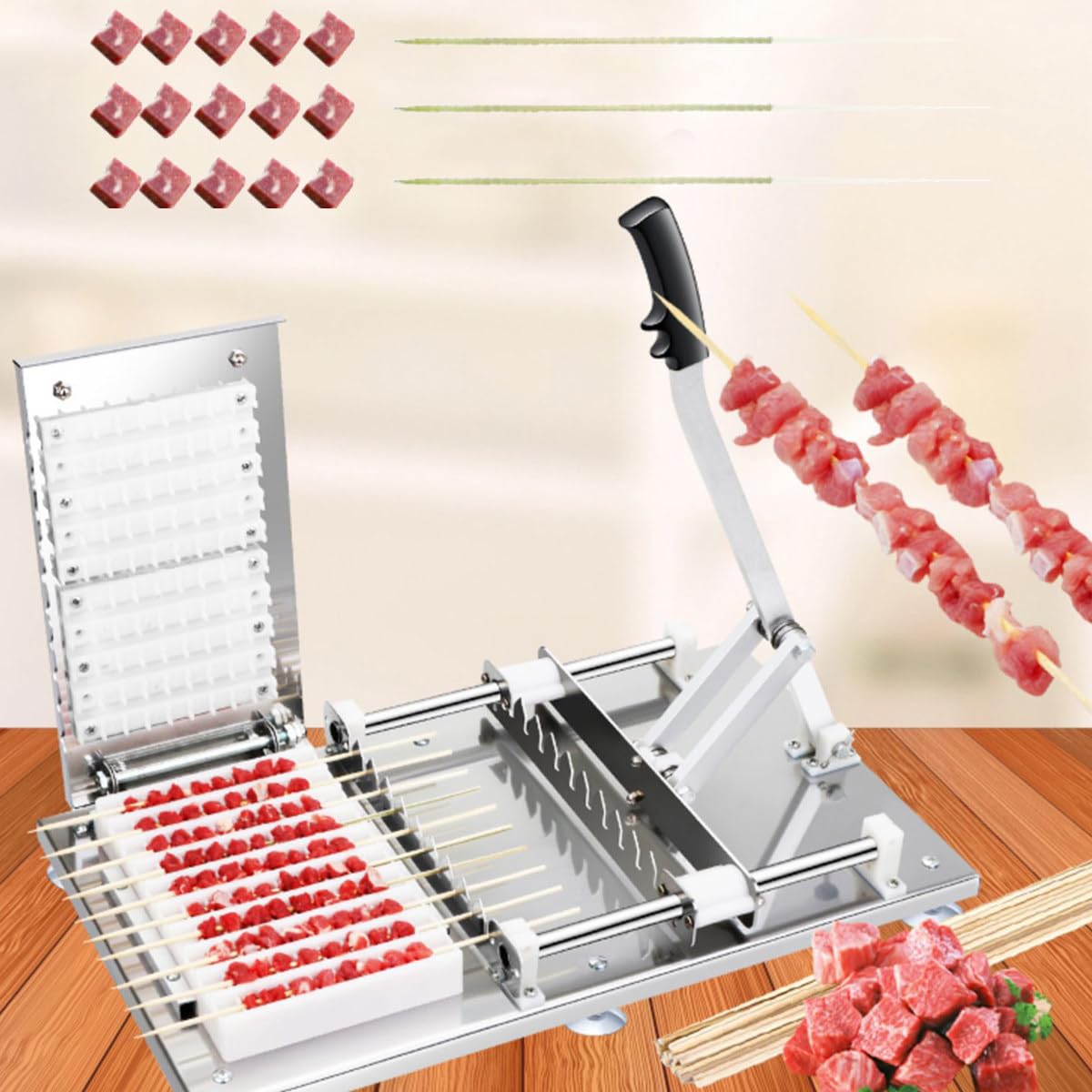 Kebab - Máquina manual para hacer brochetas, herramienta de bambú de 10 agujeros, brochetas de barbacoa de acero inoxidable, fácil de usar, ideal para cocinar al aire libre, perfecto para fiestas de