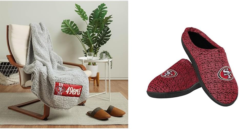 FOCO San Francisco 49ers NFL Big Logo Cloud Sherpa Blanket & NFL San Francisco 49ers Men's Poly Knit Cup Sole Slipper, Team Color, Medium (9-10)