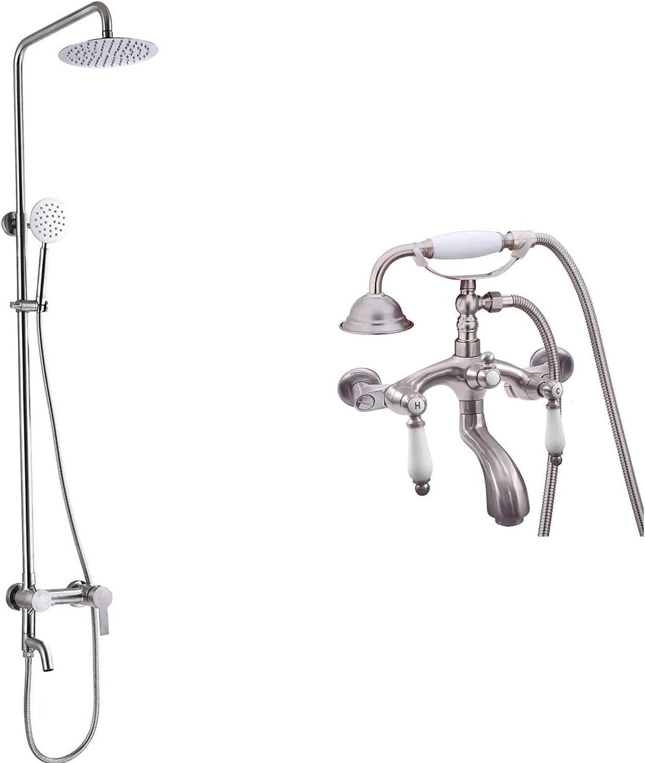 8 inch Rainfall Outdoor Shower Fixture Brushed Nickel Stainless Steel Wall Mounted Triple Function with Matching Brushed Nickel Clawfoot Bathtub Faucet Wall Mount with Hand Held Shower Faucet Set