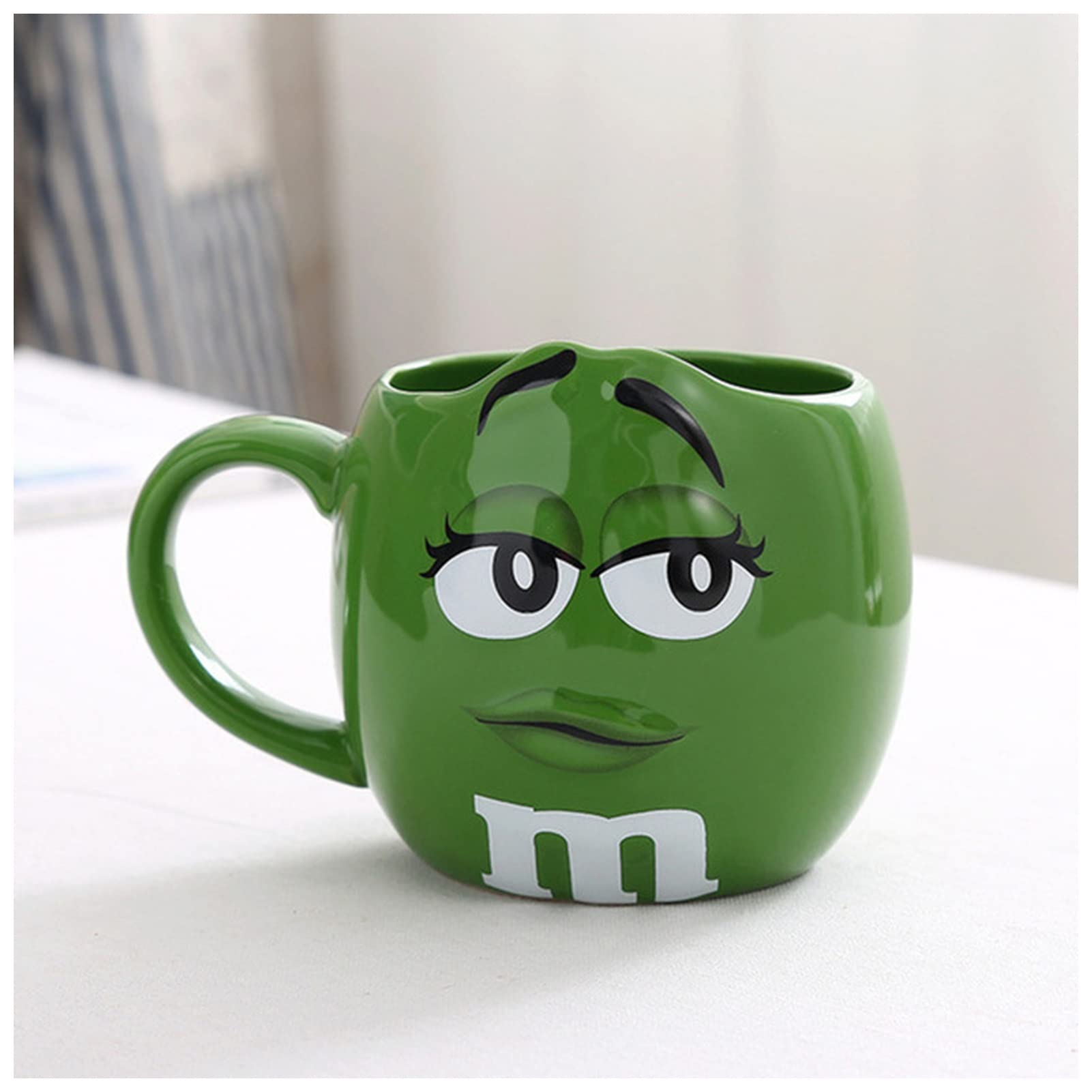 EUZLKDXU Coffee Cup 600ML M&M Bean Cute Ceramic Coffee Mug Kawaii Breakfast Tea Milk Cups and Mugs With Spoon Large Capacity Expression Drinkware Coffee Cups(Green)