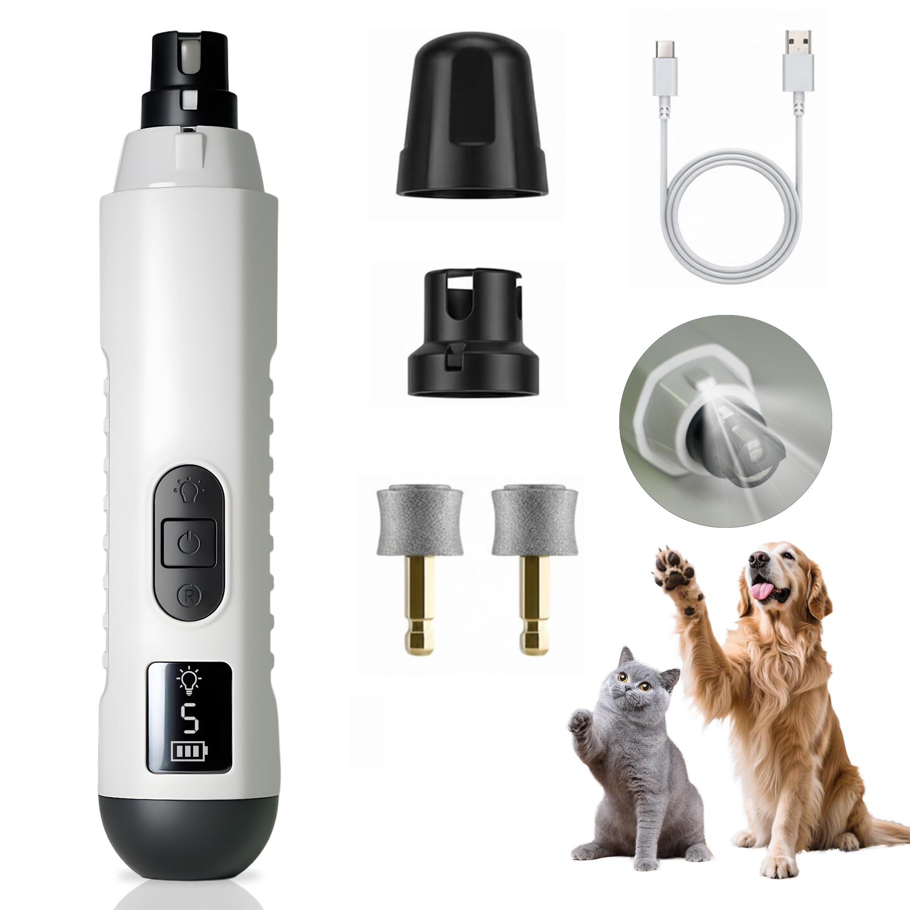 BULLIX 2026 Upgraded Silent Groom Pro Nail Grinder, Cordless Grooming Pro Nail Grinder for Dogs with 5-Speed & Led Light, Rechargeable USB Charging & 2 Grinding Wheels for Dogs and Cats