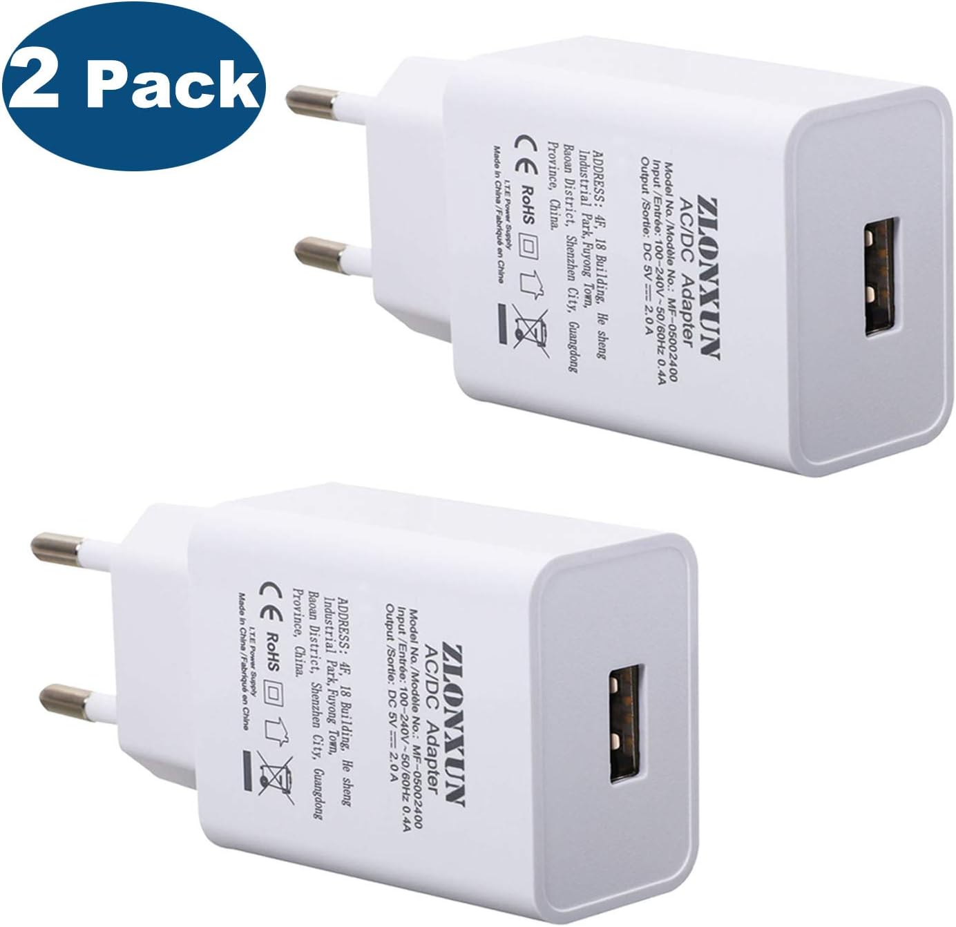 ZLONXUN 2-pack USB Churger (5V / 2A) Compatible with All Phones (2-pack)