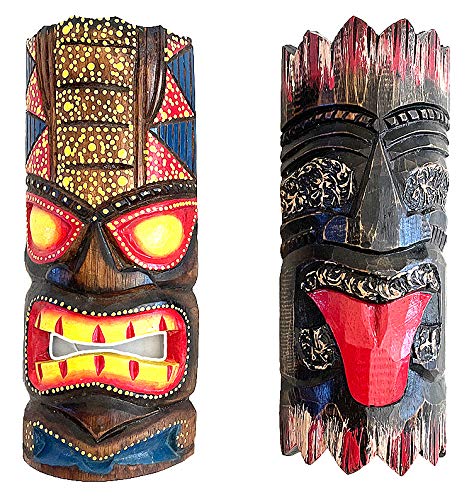 OMA Set Of (2) Wood Carved Tiki Masks Tropical Hawaiian Beach Surf Decor - Size 12