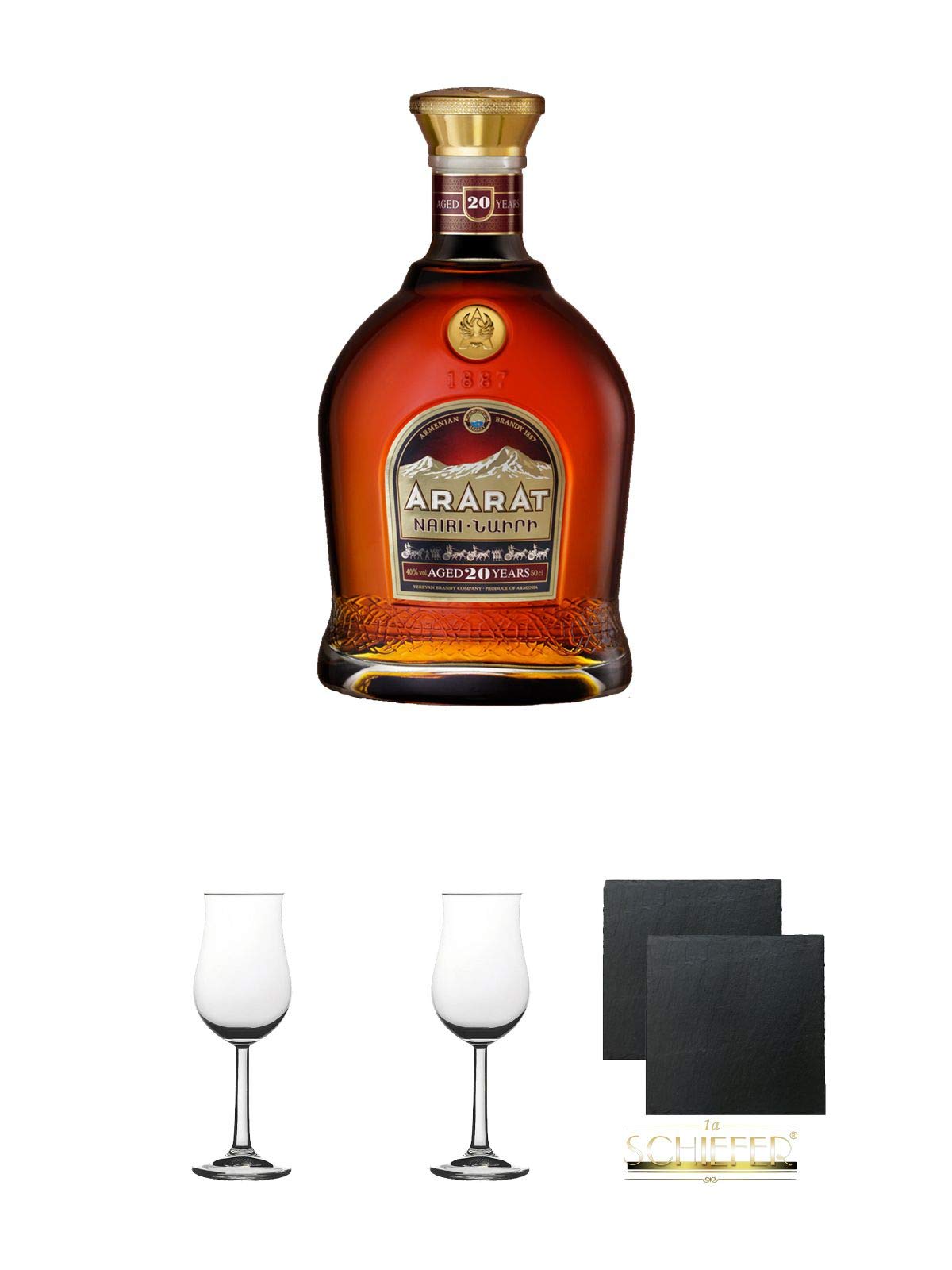 Ararat Nairi - 20 Jahre Brandy 0,5 Liter + 2 Bugatti Nosing Gläser mit Eichstrich 2cl und 4cl + 2 Schiefer Glasuntersetzer eckig ca. 9,5 cm Ø