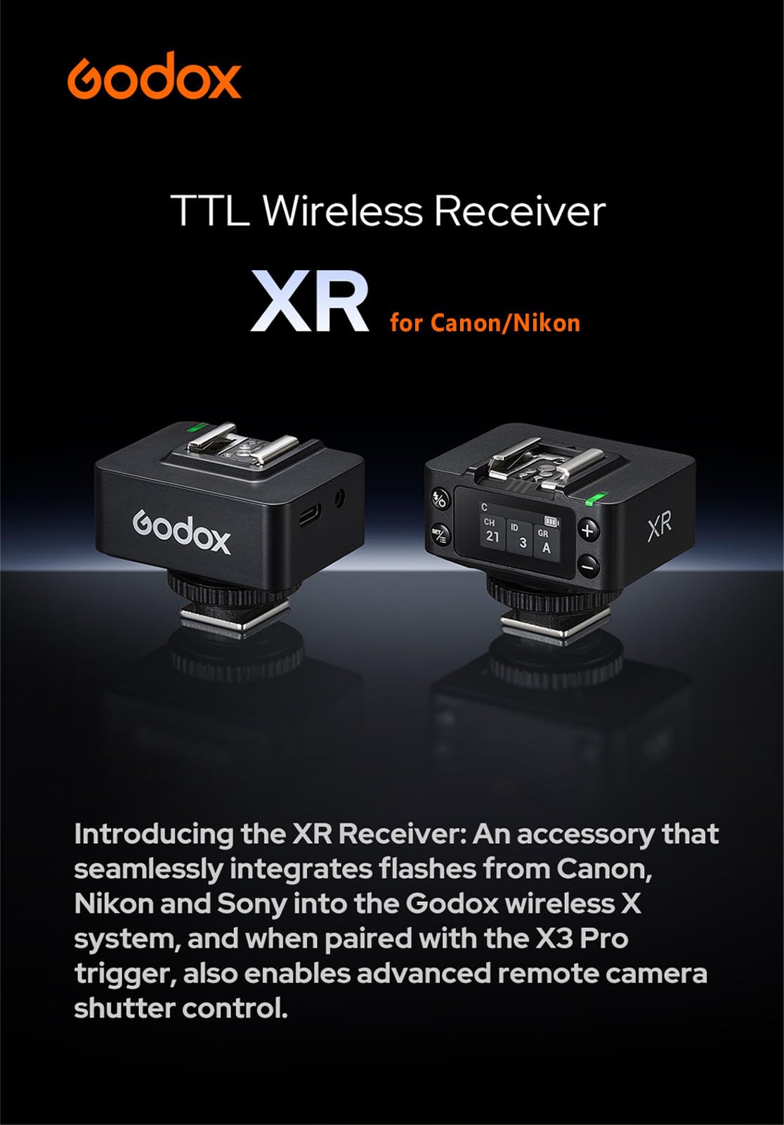 Godox XR Récepteur TTL sans fil pour Canon et Nikon, système X 2,4 GHz, batterie au lithium intégrée, écran LCD amélioré, contrôle sans fil de l'obturateur, câble Sync et USB-C inclus