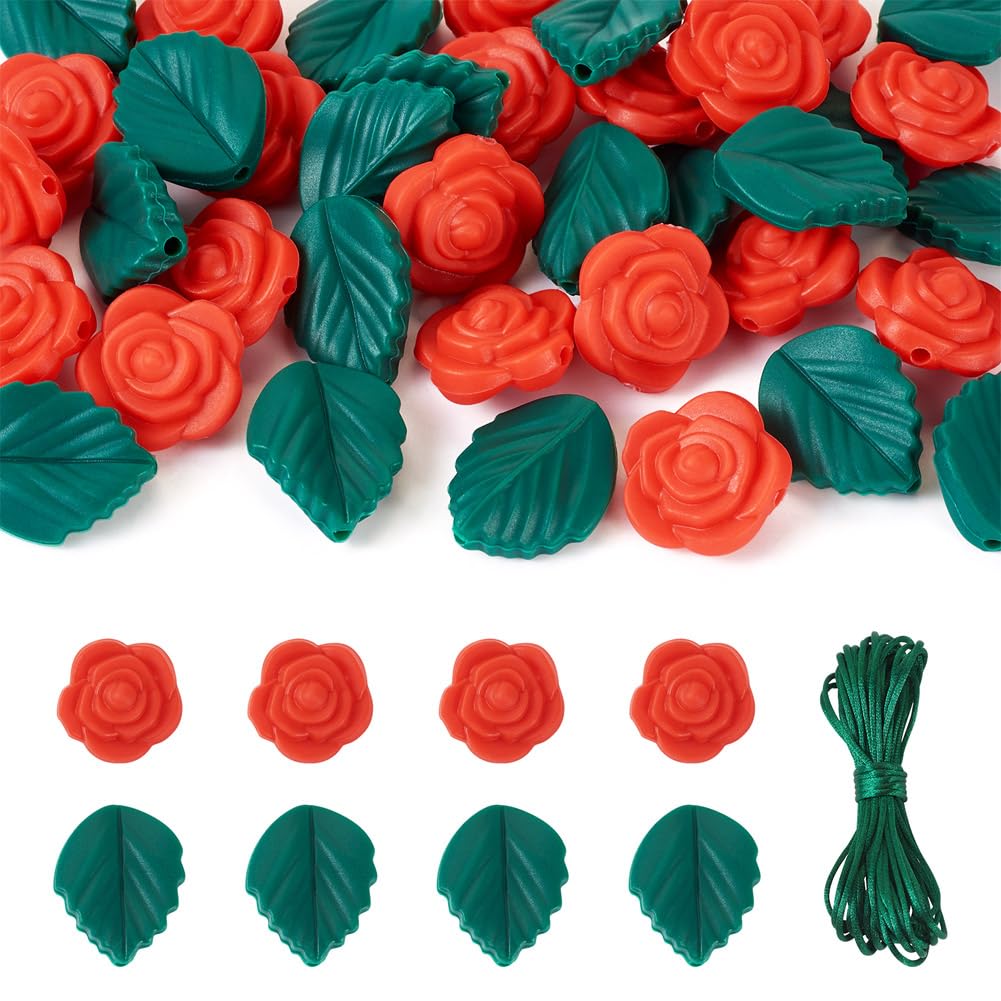 Cheriswelry 40pcs Rose Flower Silicone Focal Beads with Leaves, Rubber Beads, 1mm Nylon Thread for DIY Necklaces Making Kit