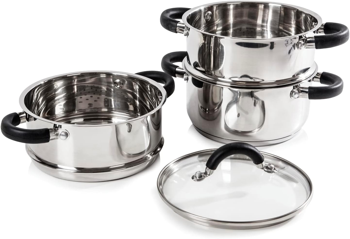 ​Tower T80836 3-Tier Steamer with Encapsulated Base and Tempered Glass Lid with Steam Release Vent, Induction Compatible, Stainless Steel​, Silver