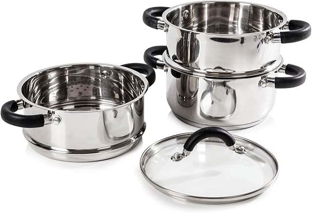 Tower T80836 Essentials Induction Steamer Pans 3 Tier with Glass Lid, Silicone Handles, Stainless Steel, Steamer Cooking, Polished Mirror Finish, 18 cm , Silver