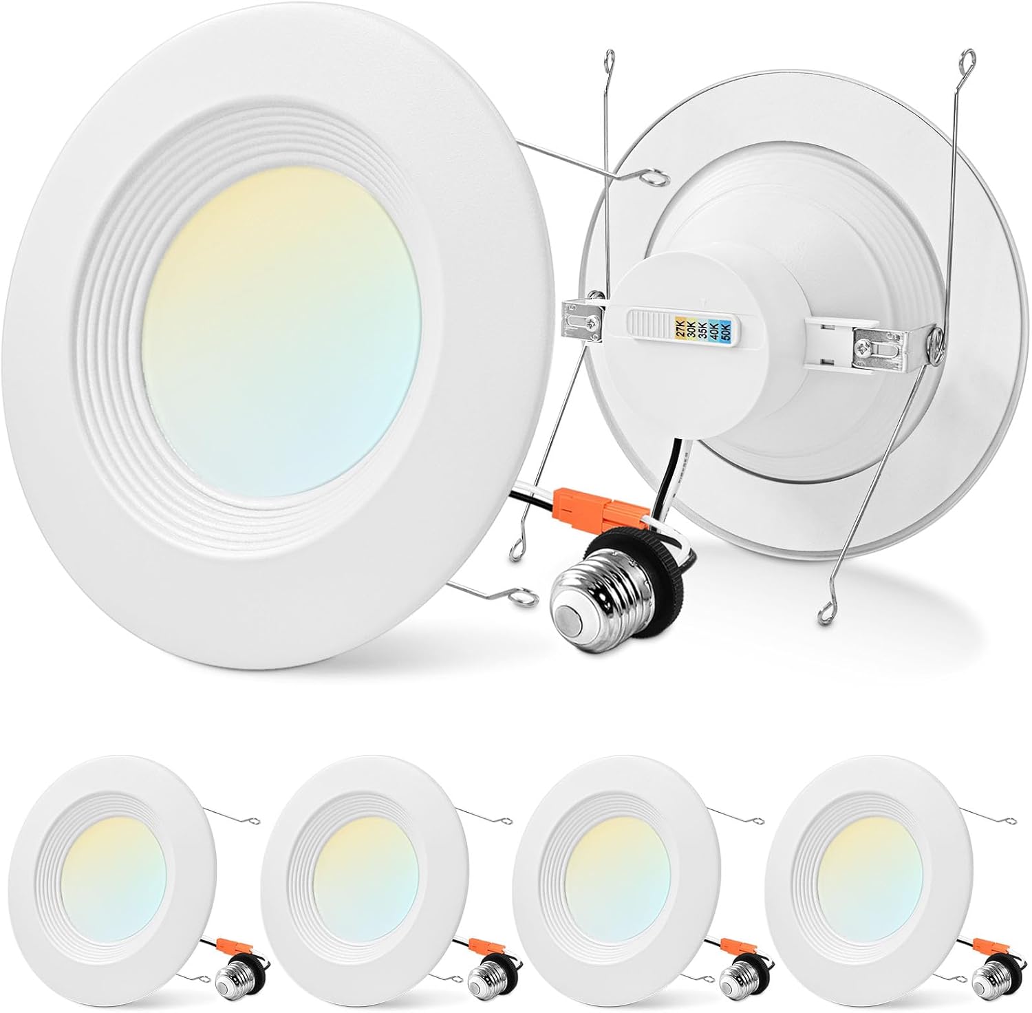 LUXRITE 5/6 Inch Retrofit LED Recessed Lighting, 17W=90W, 1500LM, 5CCT Color Selectable 2700K | 3000K | 3500K | 4000K | 5000K, Dimmable Can Light, CRI 90, Wet Rated, Energy Star, Baffle Trim (4 Pack)