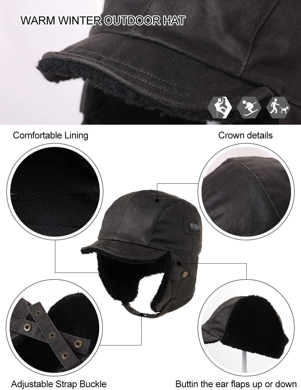 Comhats Aviator Hat Faux Leather Pilot Cap Oversize Adult Men Winter Trapper Hunting Hat 56-66CM - Image 5