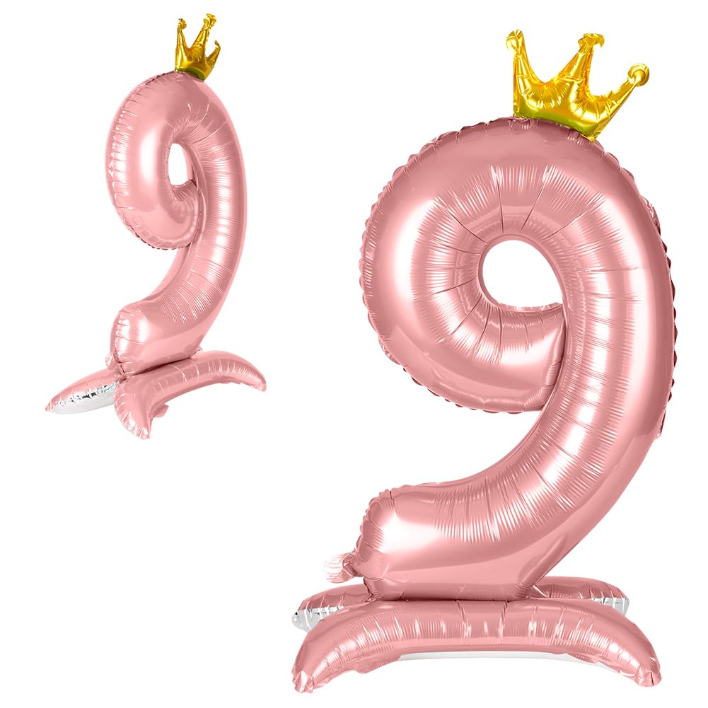 APXEL Pink Standing Crown Number 9 Balloons, 42 Inch Large Foil 9 Balloons — image 1