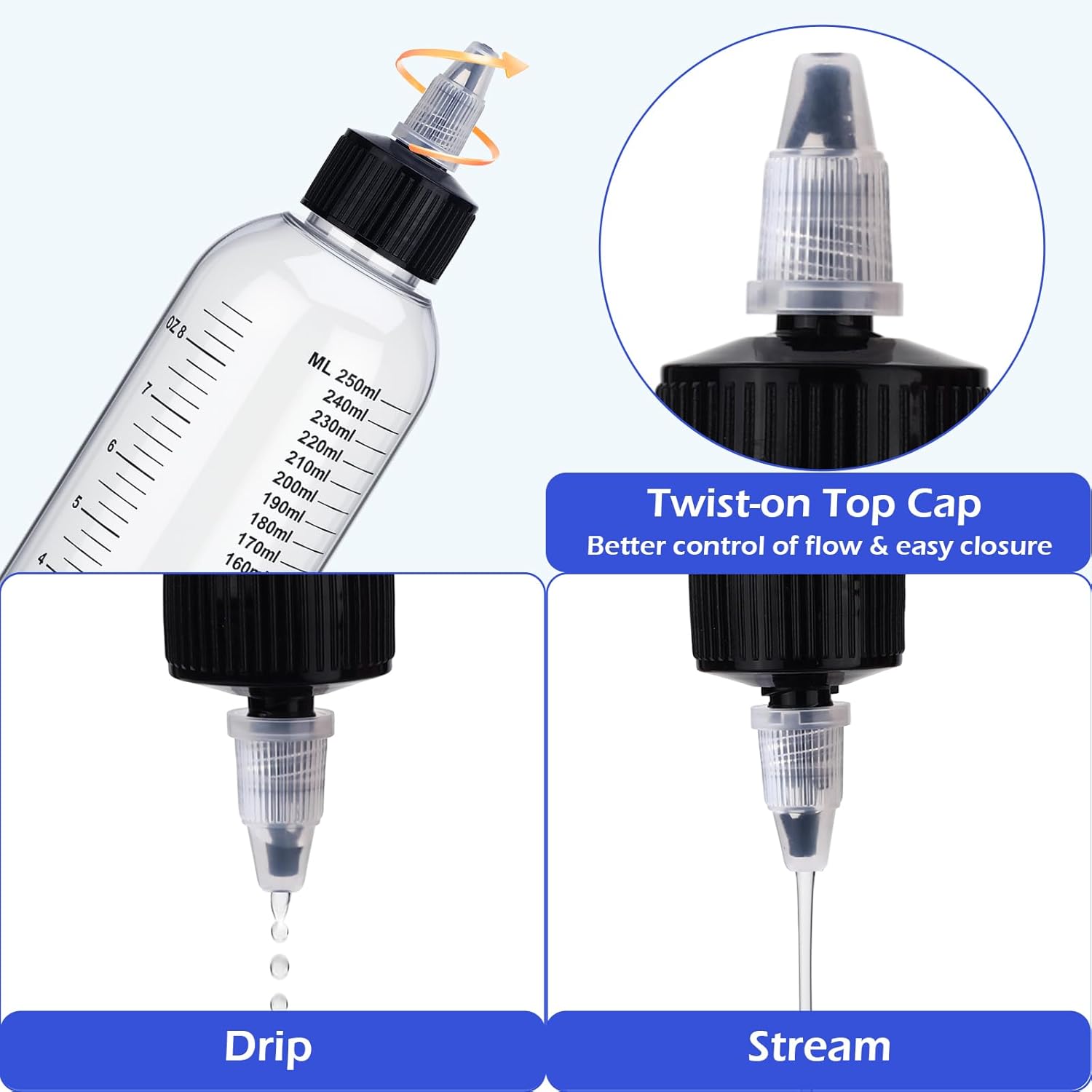 60 Pcs Plastic Squeeze Bottle 8.5 oz Graduated Condiment Bottles with Twist Top Cap Plastic Dispensing Bottle Hair Oil Applicator Squeeze Bottles with Measurement for Liquids Ink Oils Sauces