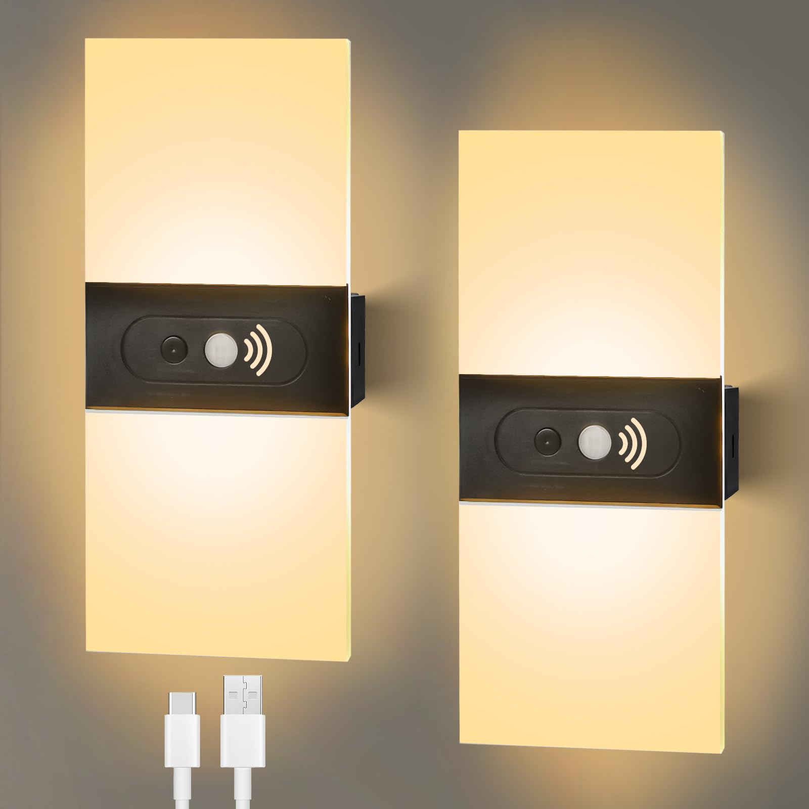 GOMETY Pack of 2 Indoor Wall Lights with Motion Sensor, USB Rechargeable LED Wall Lamp with Switch, Without Power Connection, Wireless 1200 mAh Battery Wall Lamp for Hallway, Stairs, Wall Lighting,
