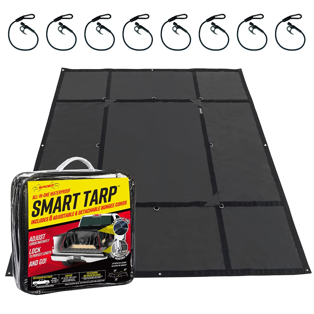 Spider Waterproof Truck Tarp (7'8" W x 8'8" L) - Heavy Duty Cargo Net Cover - 8 Premium Adjustable and Detachable Tie Downs - Fits Standard Pickup Truck Bed (6'6") and Trailers