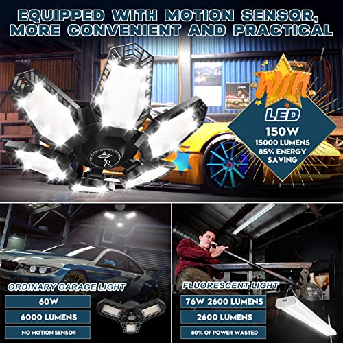 Motion Sensor Garage Light 150W 2 Pack Deformable Led Garage Light Motion Activated 15000 Lumen Ultra Bright Screw In Garage Sensor Light Ceiling For Garage, Warehouse, Workshop, Basement #TOP4