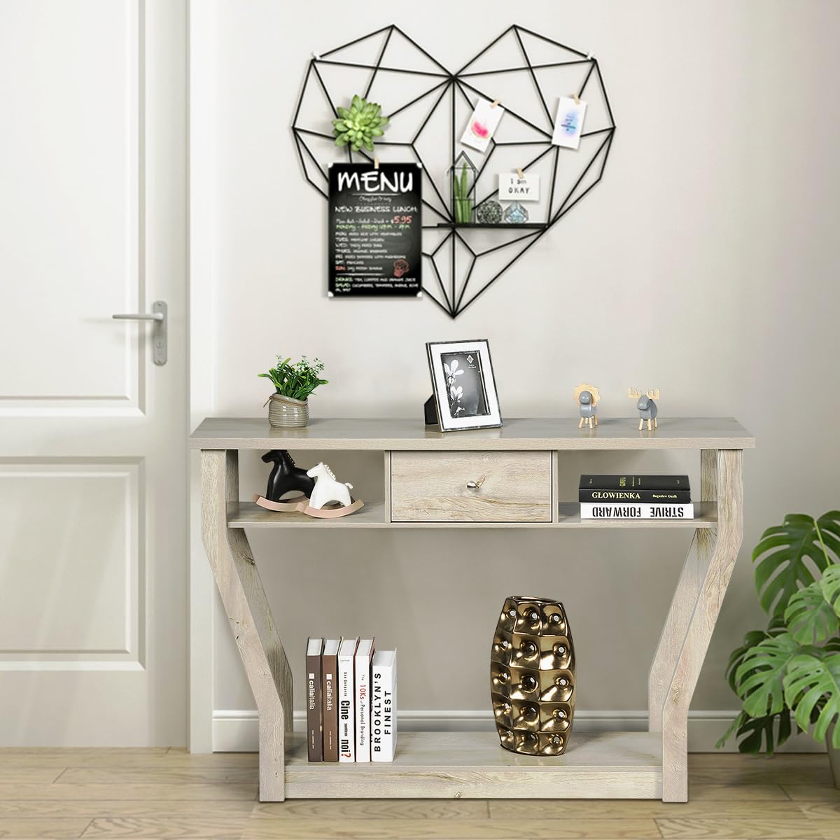 COSTWAY Tavolo Consolle in Legno, Consolle con Cassetto e Ripiani, Tavolo d'Ingresso Multiuso per Salotto, Corridoio e Entrata 120 x 30 x 81 cm (Grigio)