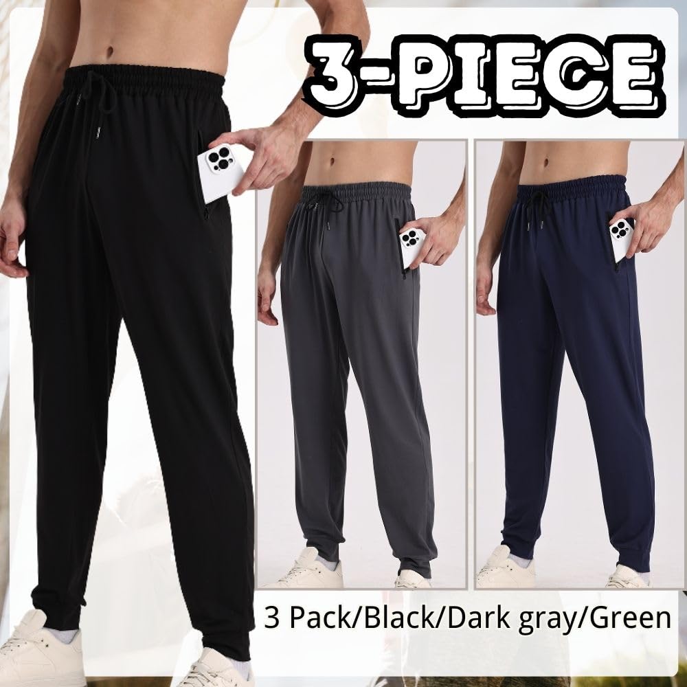 Pack de 3 pantalones de chándal atléticos para hombre, con bolsillos con cremallera, para correr y hacer ejercicio