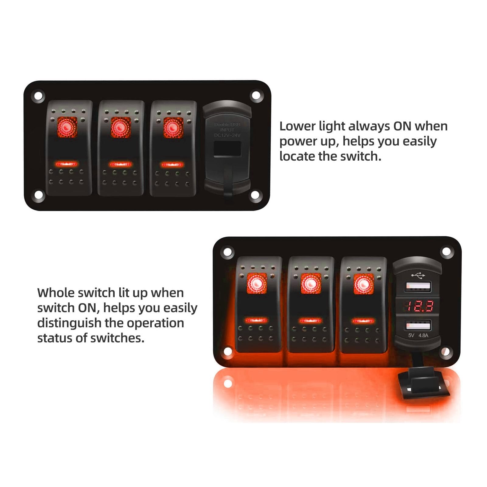 Akozon 3 Gang Rocker Switch Aluminiowy Panel, Morska Ciężarówka łodzi Podwójna ładowarka USB Voltmeter 12V 24 V z Nocnymi Naklejkami, Przykrywki Wodne Niebieska (Czerwone światło)