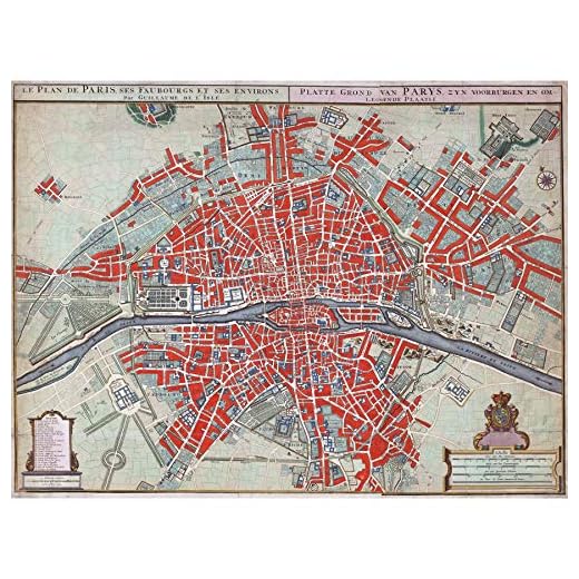 Karta över Paris City Roads River Old France stor XL väggkonst canvas tryck