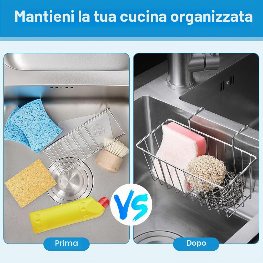 ADERTOS Porta Spugne da Cucina In Acciaio Inox 304, Portaspugne per Lavello Cucina da Appendere, Organizer per Lavello Cucina per Spugne, Spazzole, 7,67 * 3,54 * 4,53 Pollici