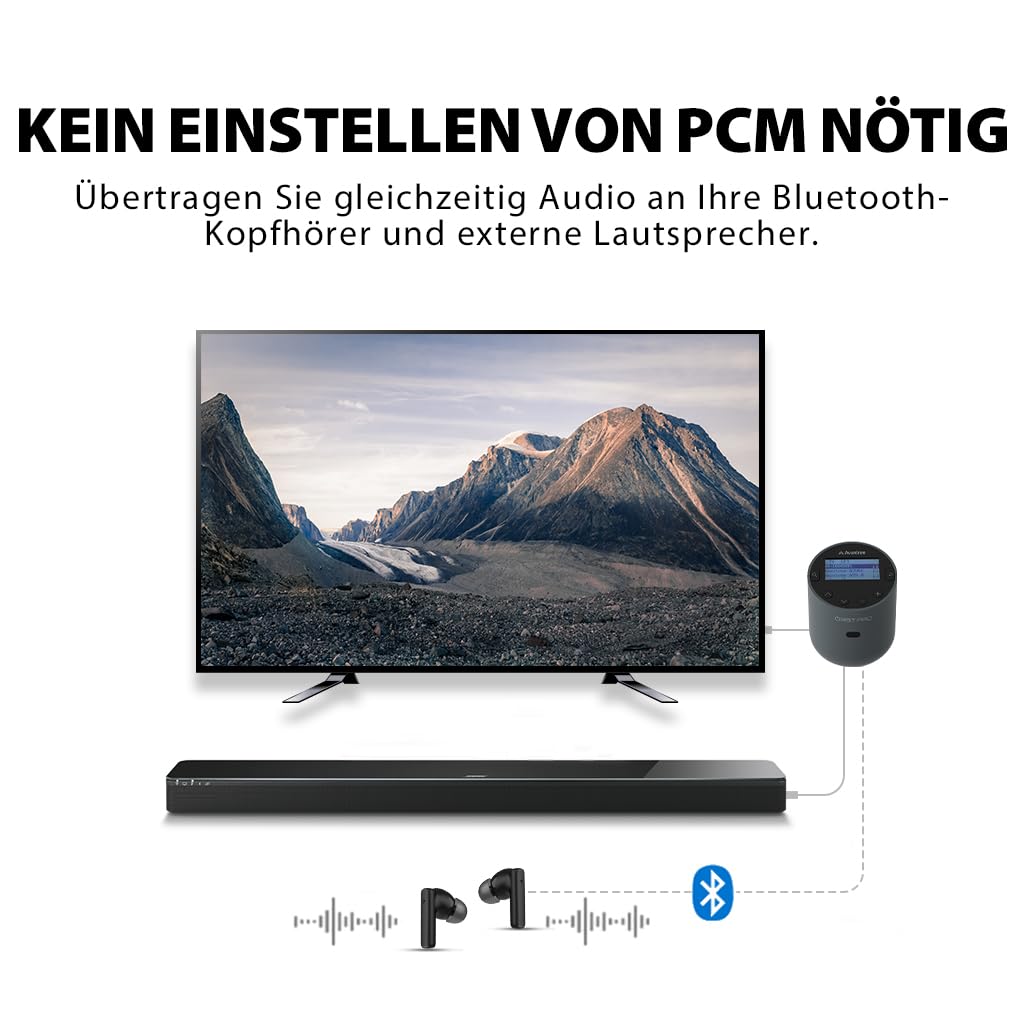 Avantree Orbit Pro - Bluetooth Audio Transmitter für TV mit Optischem oder AUX-Audioausgang (Inkl. Smart-TVs), Surround-Sound, Einfache Lautstärkeregelung für AirPods & Andere Kopfhörer