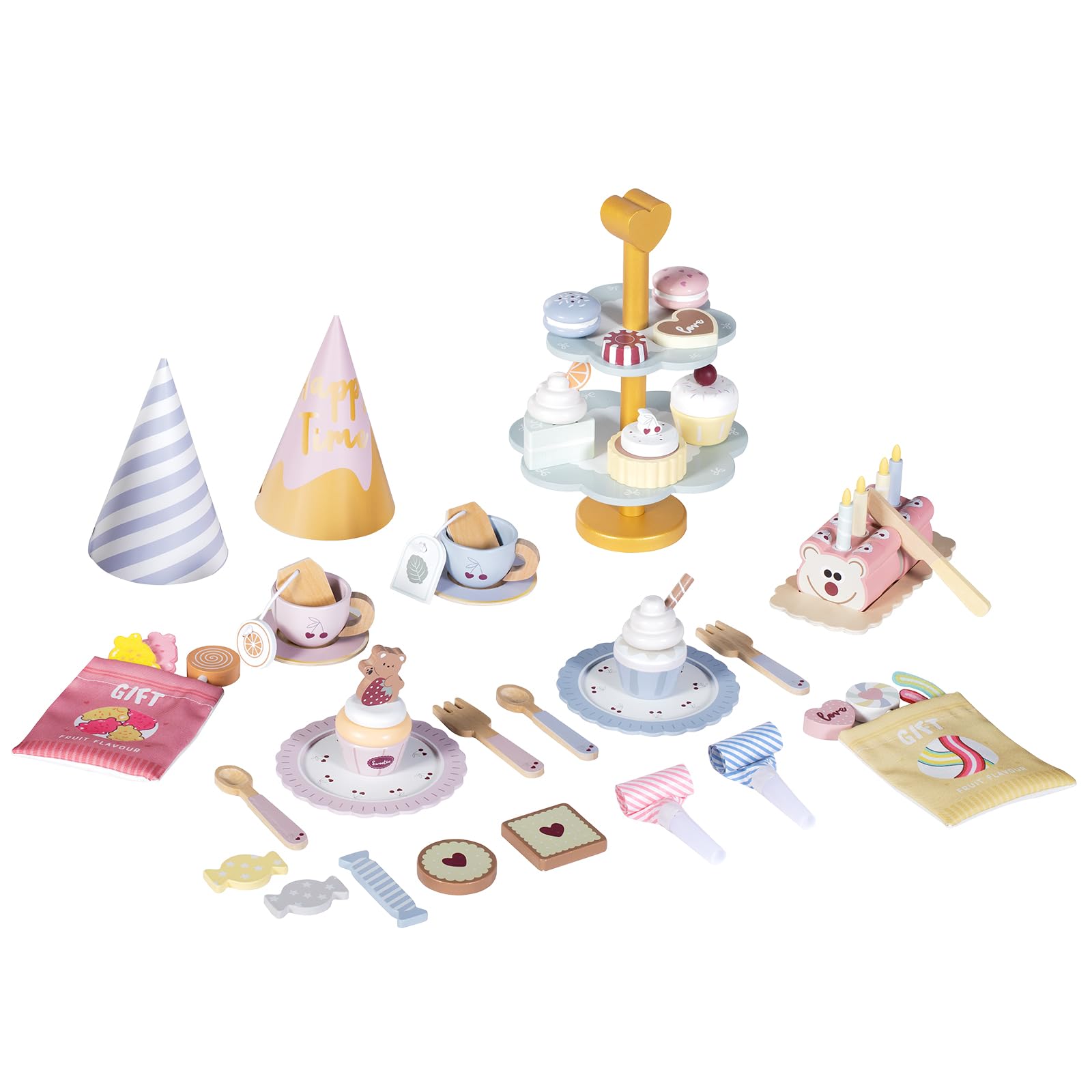 Wooden Tea Set for Toddlers，Afternoon Tea Party Set with Wooden Play Food Cupcake Stand Kitchen Accessories Role Play Toys Educational Toys Montessori Birthday Gifts for 3+ Years Old Girls Kids