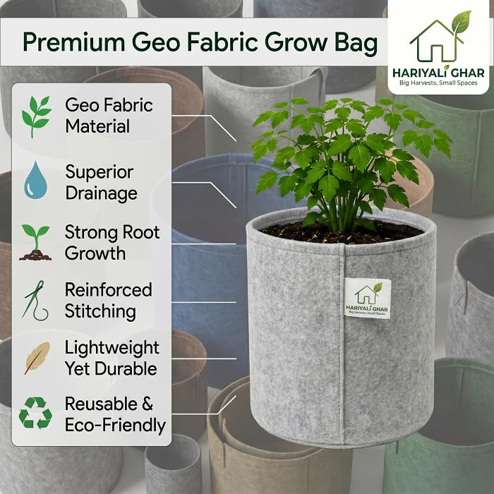 Image of 400 GSM Geo Fabric Round Grow Bags 18x18 Inch, Grey Planting Bags for Terrace and Kitchen Gardening Pack of 20