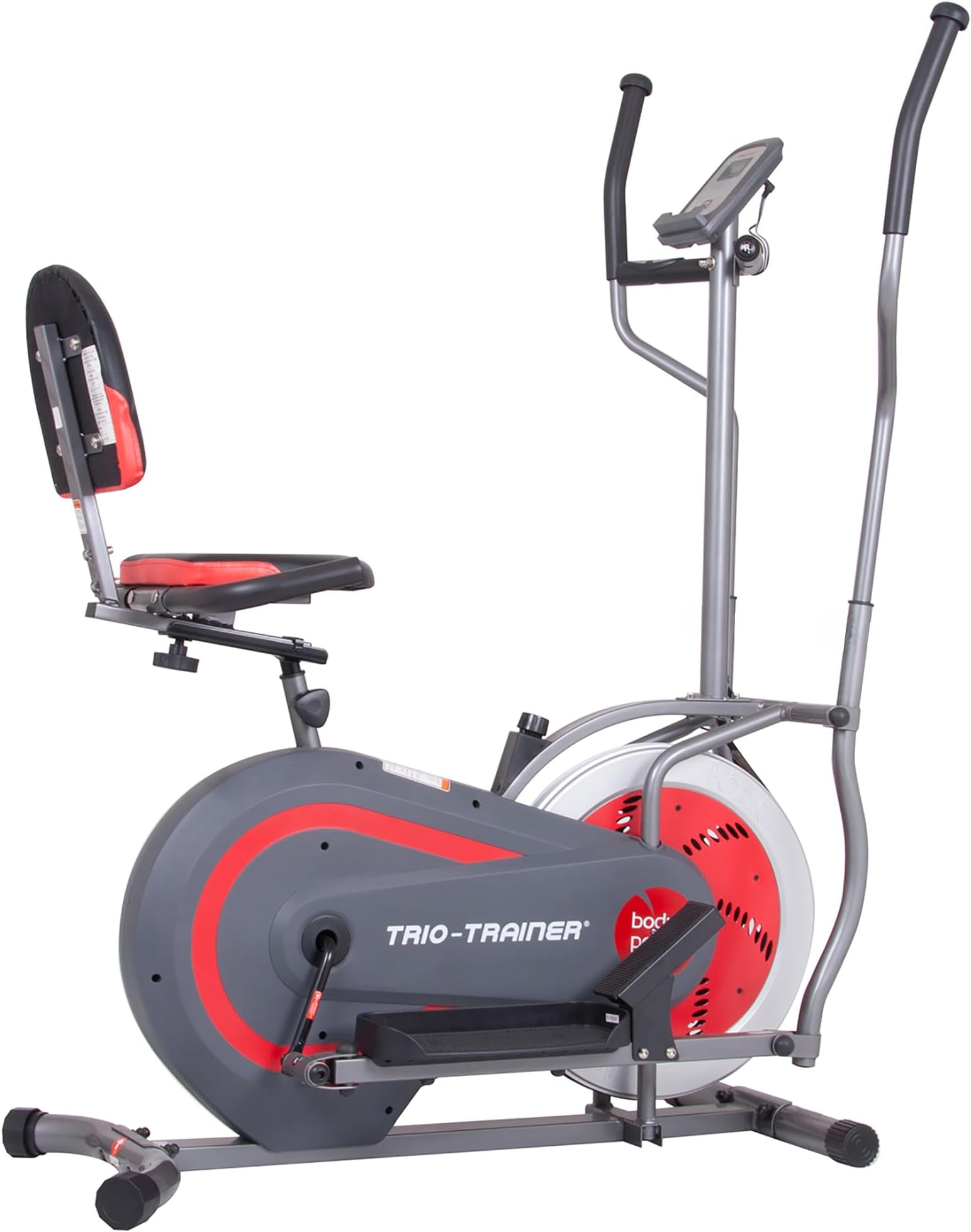 Body Power 3-in-1 Home Gym, Upright Compact Exercise Bike, Elliptical Machine & Recumbent Bike, Trio Trainer with Heartrate Monitor, Silver, BRT5088 Gray, Silver, red