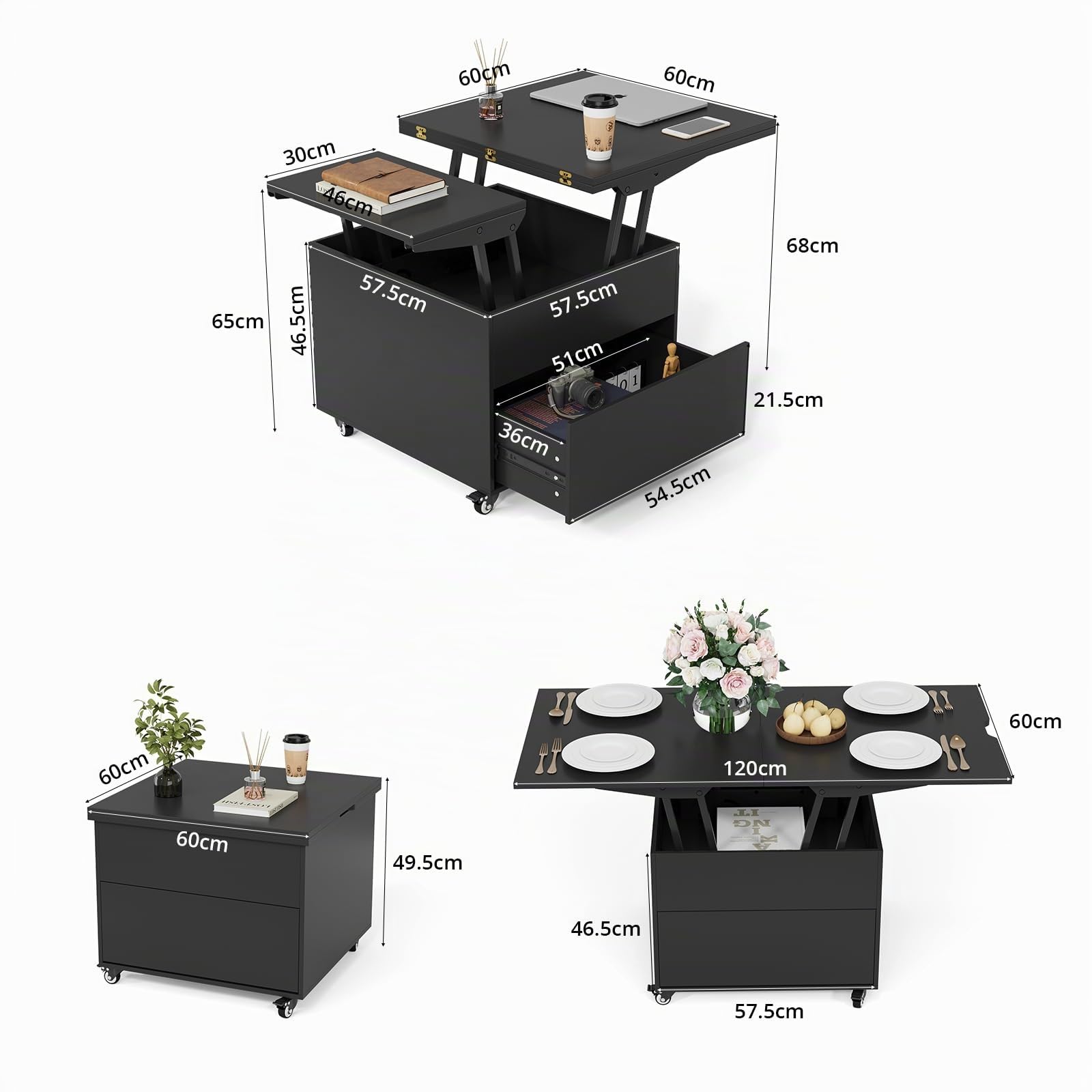 VOWNER Mesa de Centro Elevable Extensible (Negro) | Multifuncional 3 en 1, Convertible en Mesa de Comedor de Salón