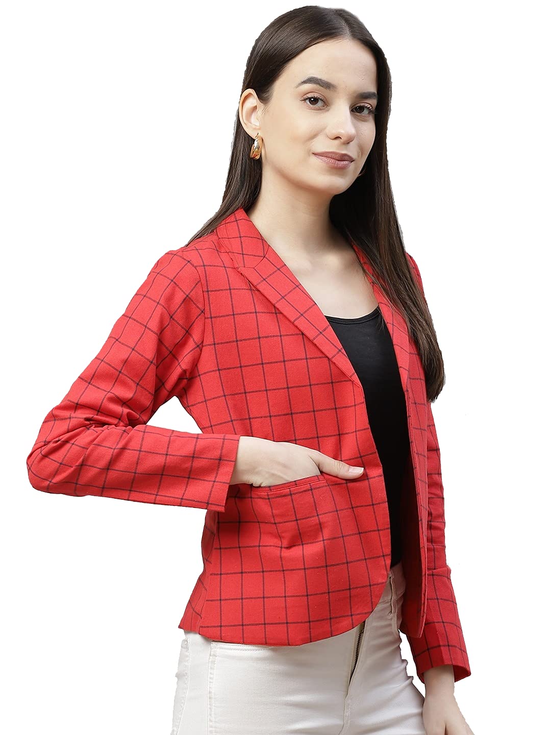 Women Red & Navy Blue Checked Open Front Blazer