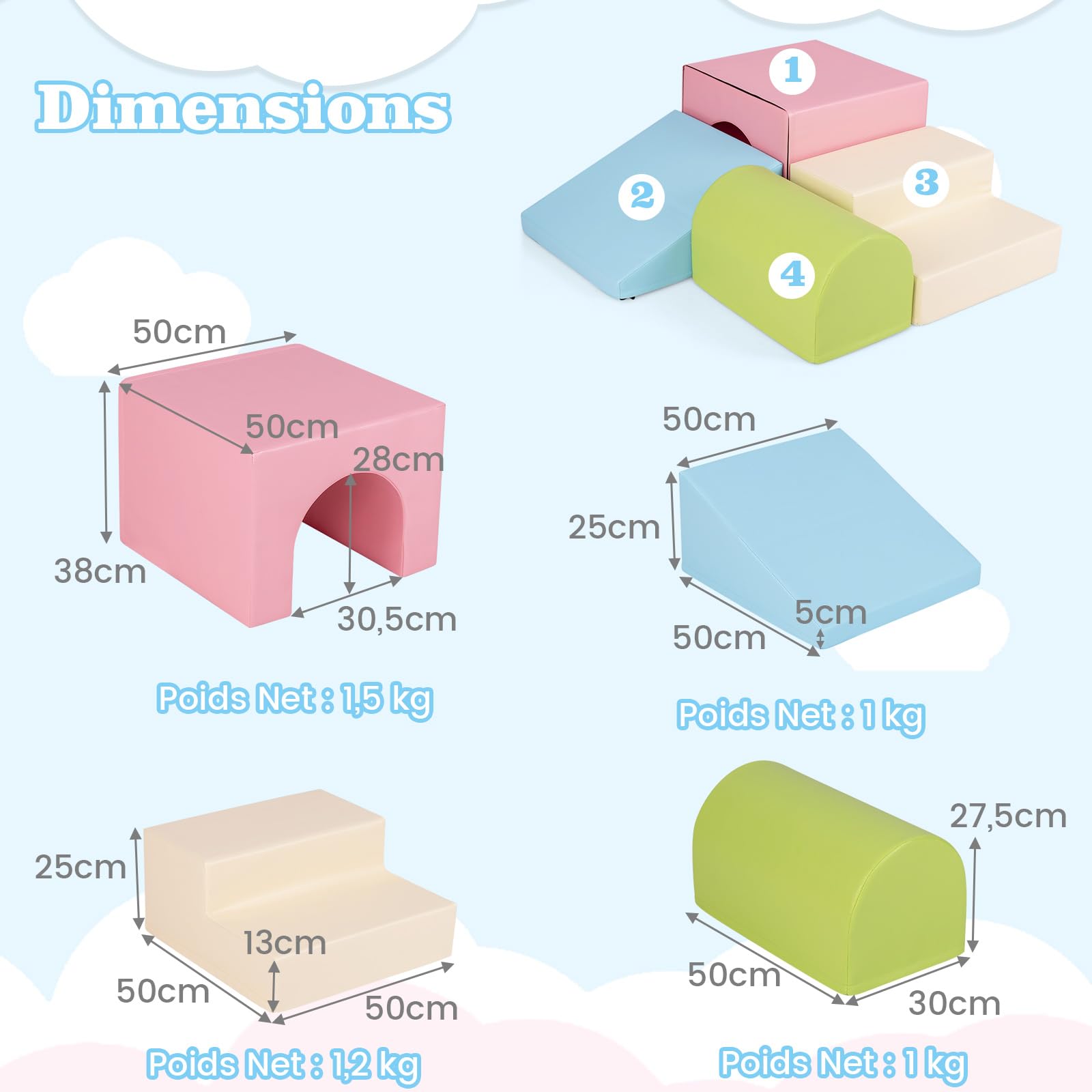 COSTWAY 4 PCS Parcours Motricité Bébé en Mousse avec Housse Amovible en PU, Module Motricité Bébé avec Toboggan & Différentes Formes, Jouets Éducatifs Colorée pour Grimper Ramper (Rose+Beige)