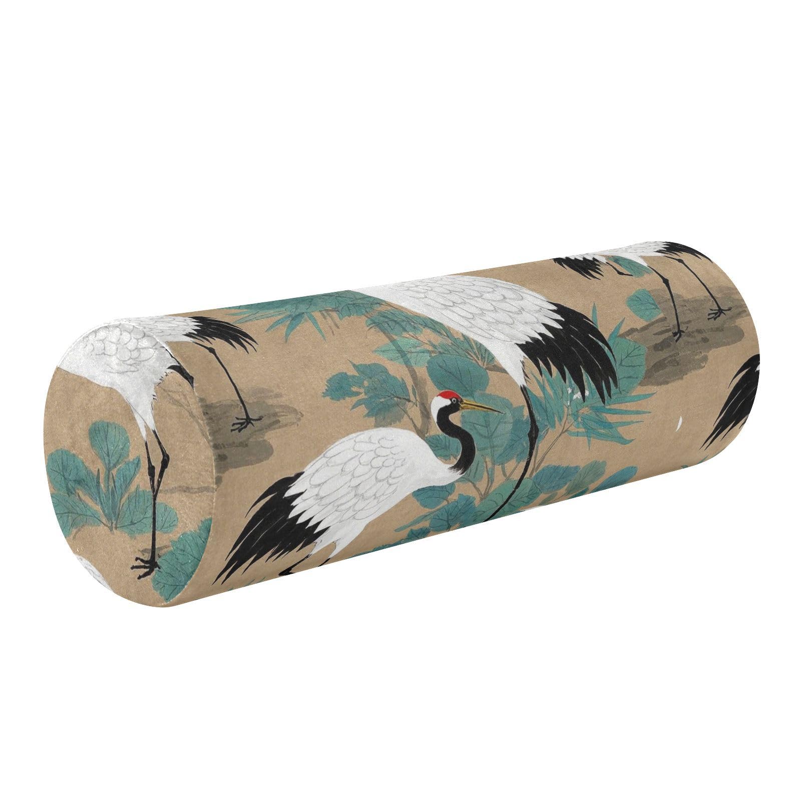 miaozhen Chinese Retro Cloud Crane Beige Round Pillow Foam Roll Pillow for Neck Support almohada para rodillas 5.5''x17''