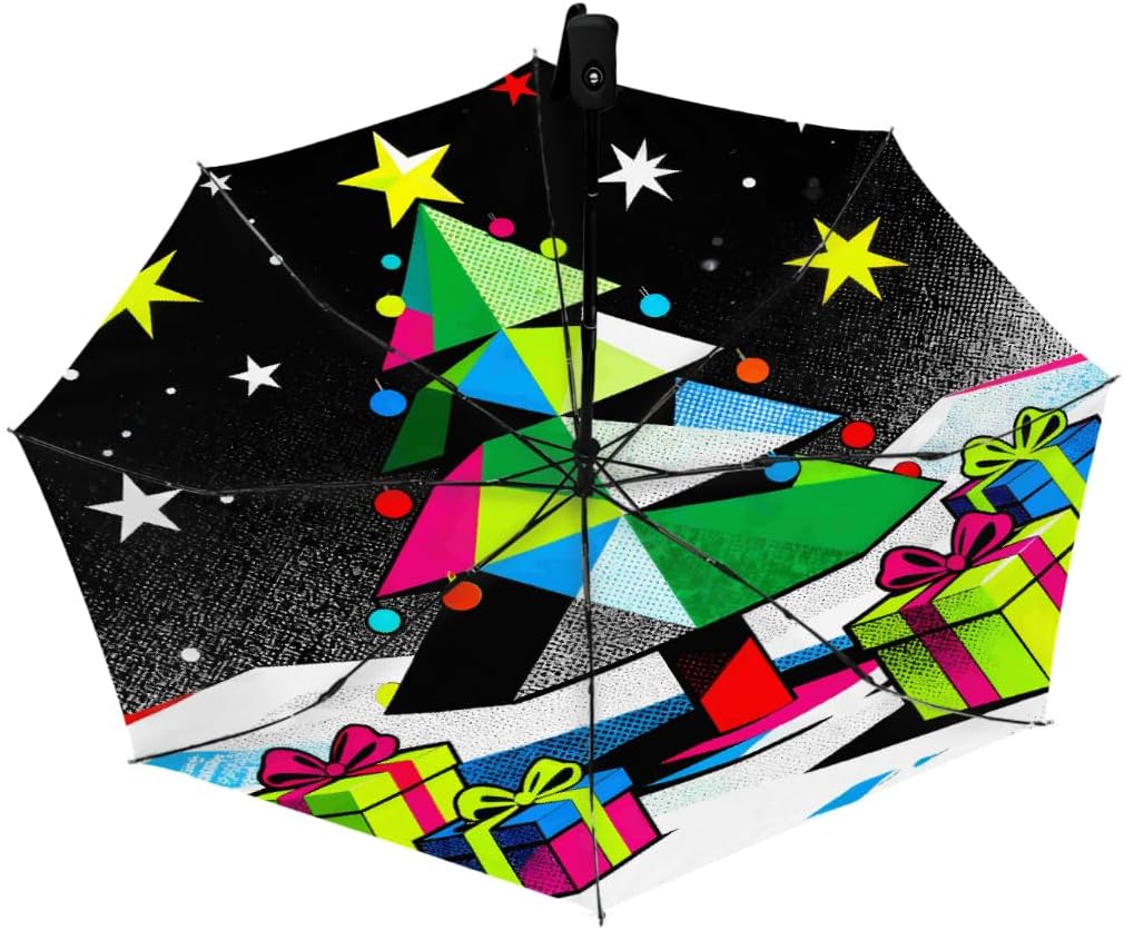 Pop Art Christmas Tree Folding Umbrella Windproof Compact Lightweight Travel Umbrella with 8 Reinforced Ribs, Portable UV Sun & Rain Protection for Men & Women